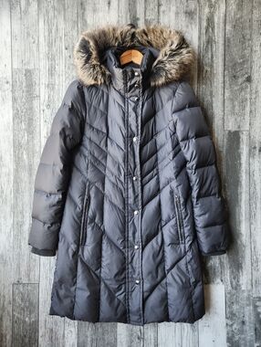 London Fog Chevron Goose Down Feather Puffer Wnter Coat Grey Faux Fur Small
